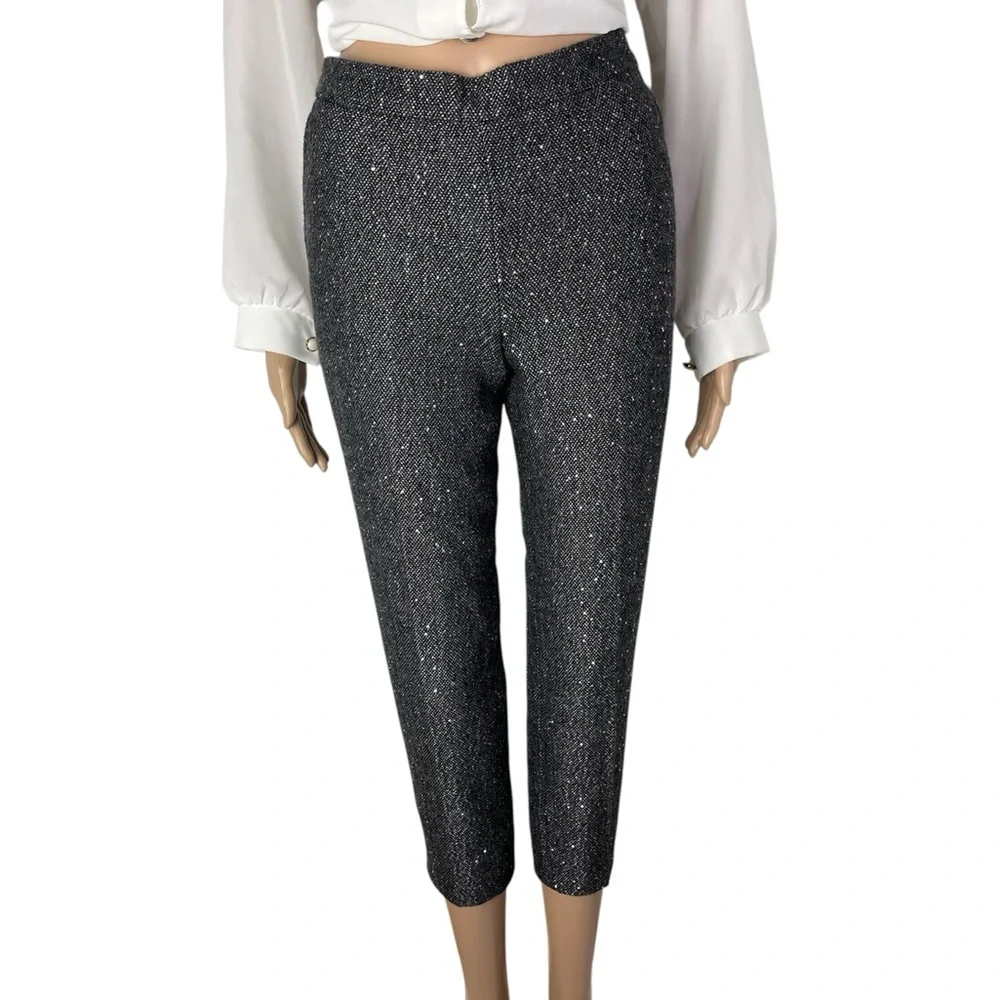 New JCrew Martie Slim Crop Grey Petite Sequin Herring Bone Wool Tweed Trousers